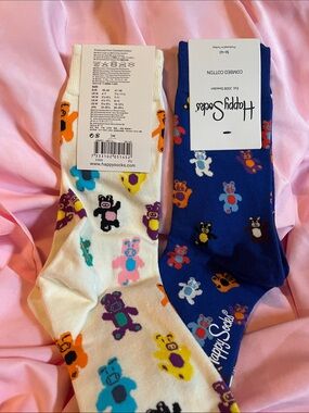Happy Socks Men’s Teddy Bear Crew Socks - White & Blue